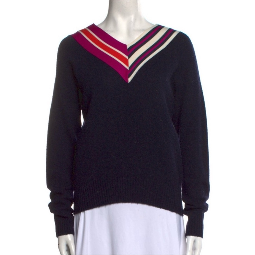 Sandro Black Sweater with Striped V-Neck